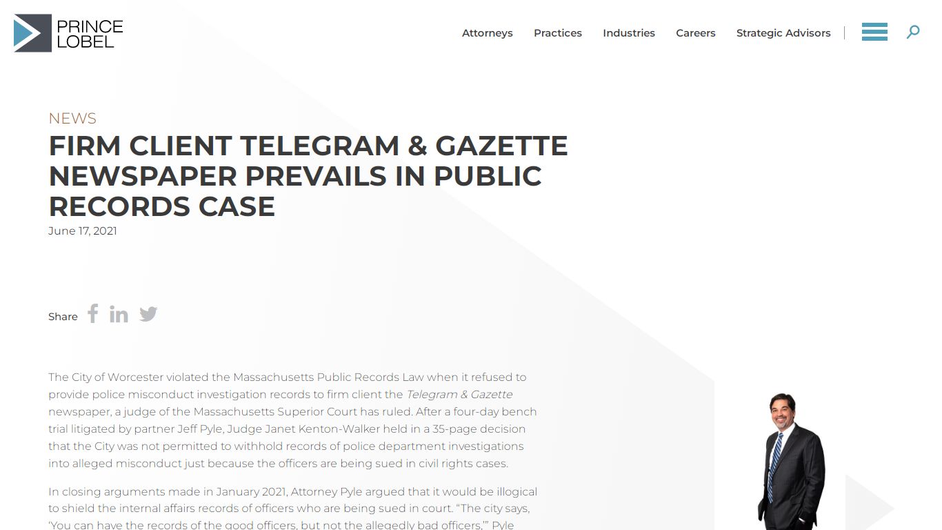 Firm Client Telegram & Gazette Newspaper Prevails in Public Records ...